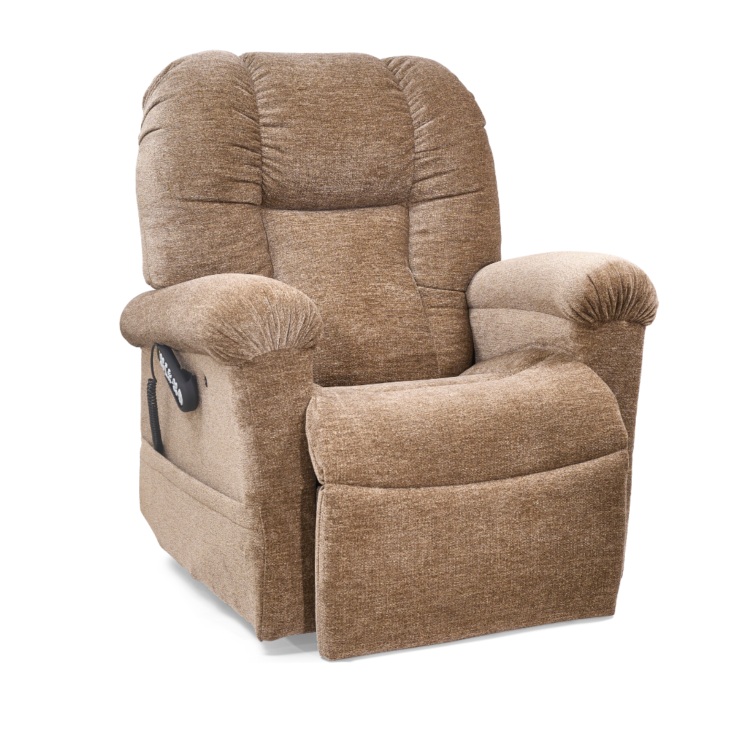 The Golden Tech PR527 Cloud Recliner With Lift Assist & Twilight is a plush brown upholstered power lift chair with padded armrests, reclining footrest, and a remote control pocket, shown isolated on a white background.